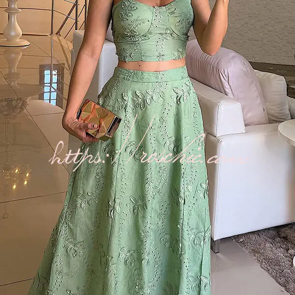 Carah Floral Embroidery Back Smocked Tank and Elastic Waist A-line Maxi Skirt Set