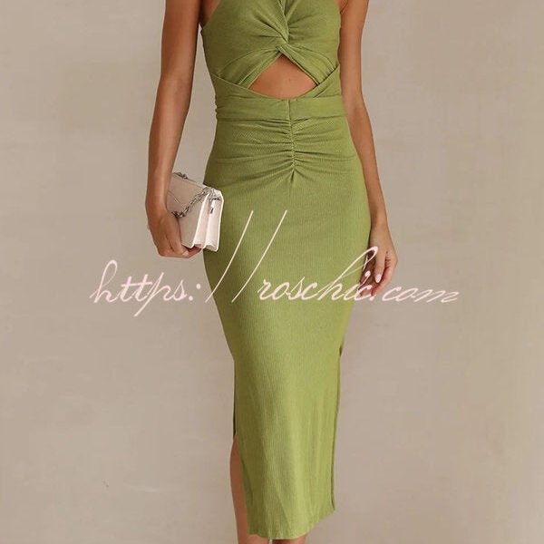 Crushing All Night Ribbed Front Cut Out Ruched Stretch Midi Dress