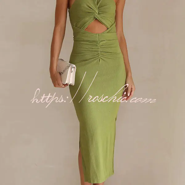 Crushing All Night Ribbed Front Cut Out Ruched Stretch Midi Dress