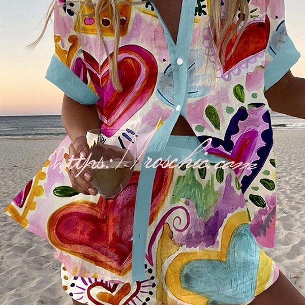 Colorful Heart Print Loose Button Elastic Waist Shorts Set