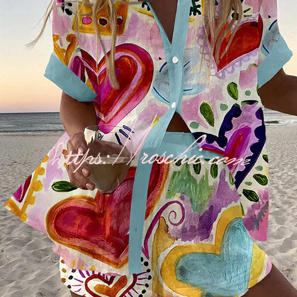 Colorful Heart Print Loose Button Elastic Waist Shorts Set