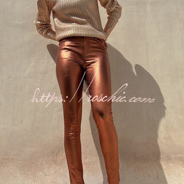 Sweet and Glitzy Metallic Color Pocket Faux Leather Stretch Pants