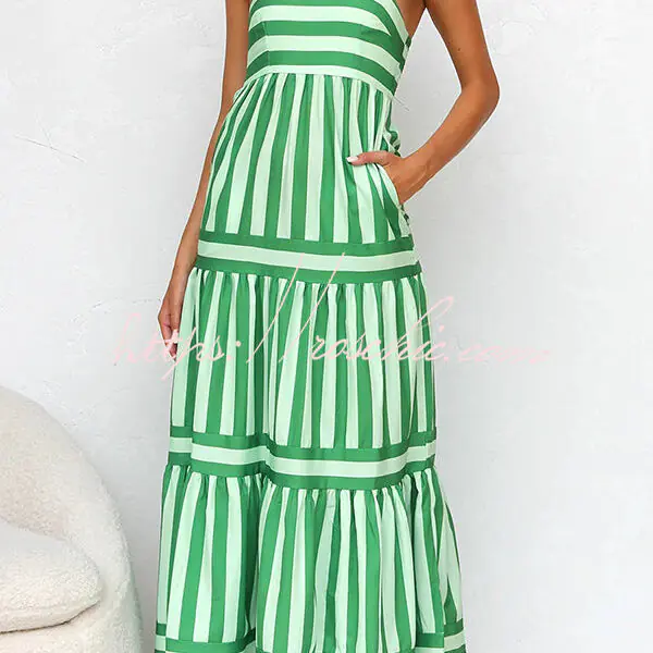 Beachy Dreams Striped Print Back Smocked Pocket A-line Slip Midi Dress