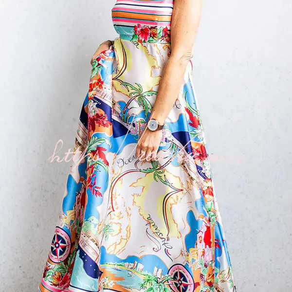 Satin Resort Print Sling Back Pleated Maxi Dress