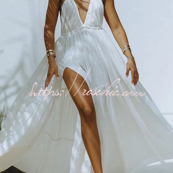 Laelia Linen Blend Halter Backless Slit Cover Up Maxi Dress