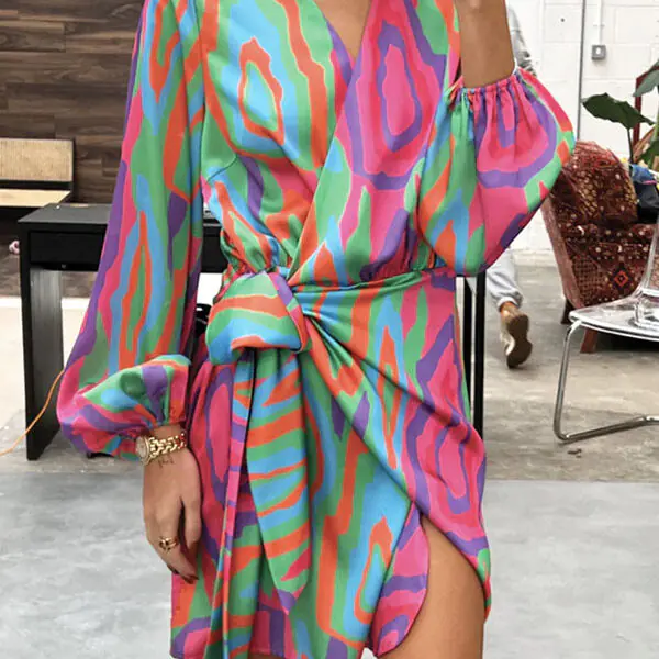 Dione Bright Abstract Wrap Tie Shirt Mini Dress