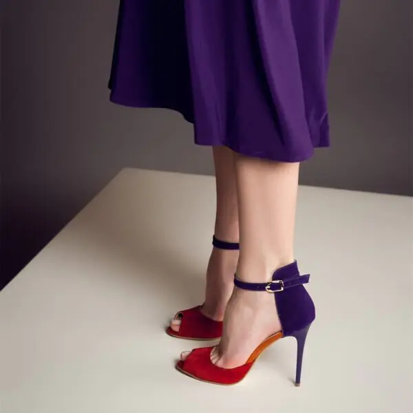Women's Red & Purple Vegan Suede Peep Toe Ankle Strap Stiletto Heels