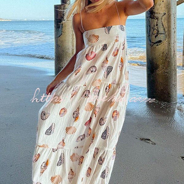 Long Weekend Linen Blend Shells Unique Print Smocked Pocket Lightweight Maxi Dress