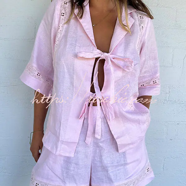 Celebrate Vacation Linen Blend Lace Splicing Tie-up Shirt and Elastic Waist Pocketed Shorts Set