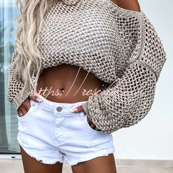 Vacation Beach Cover Up Long Sleeved Hollow Loose Top