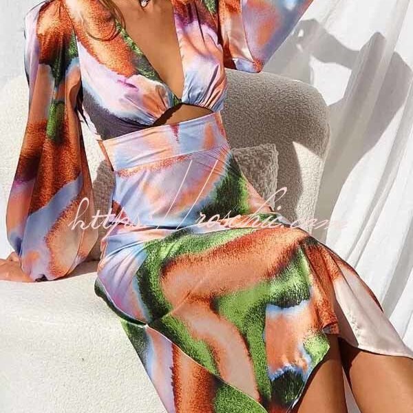 Own The Evening Satin Neon Print Cutout Midi Dress