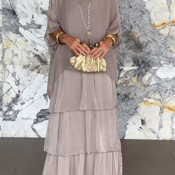 Solid Color Crew Neck Loose Tiered Maxi Dress