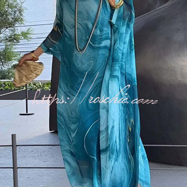 Unique Printed Crew Neck Loose Resort Style Maxi Dress