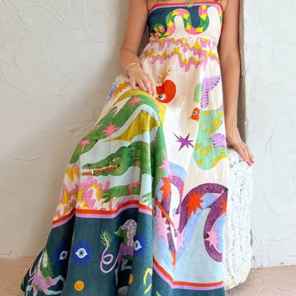 Feel Effortlessly Linen Blend Unique Print Smocked Back Pocketed Midi Dress