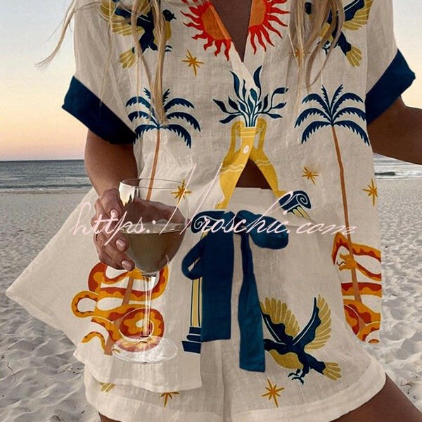 Holiday Print Loose Button Elastic Waist Shorts Set