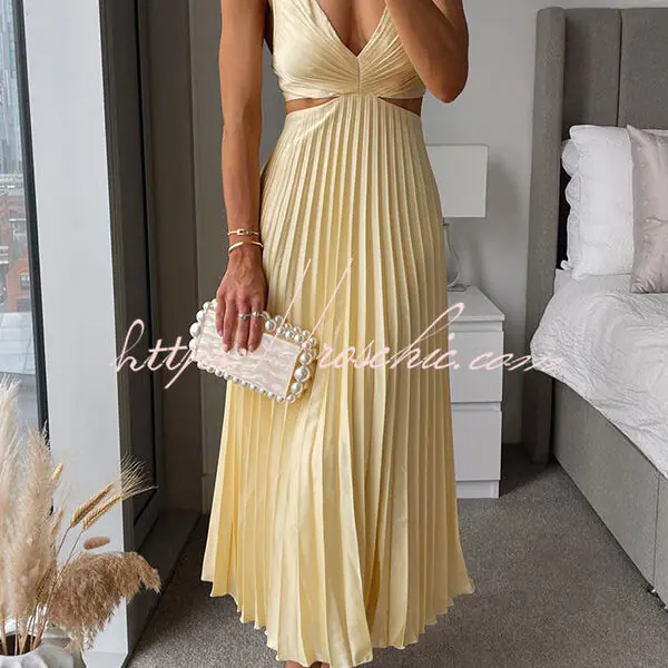Summer Social Stain Pleated Cutout Waist Loose Midi Dress