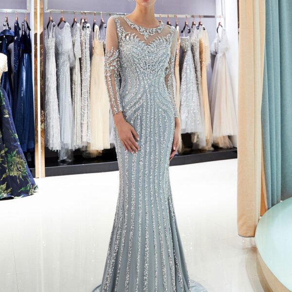 Charming Evening Dresses Long Sleeve Light Grey Mermaid Beading Illusion Luxury Formal Gowns