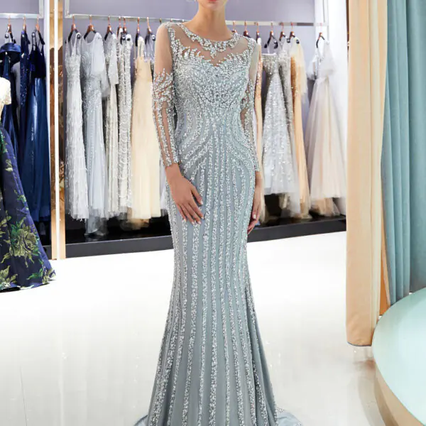 Charming Evening Dresses Long Sleeve Light Grey Mermaid Beading Illusion Luxury Formal Gowns