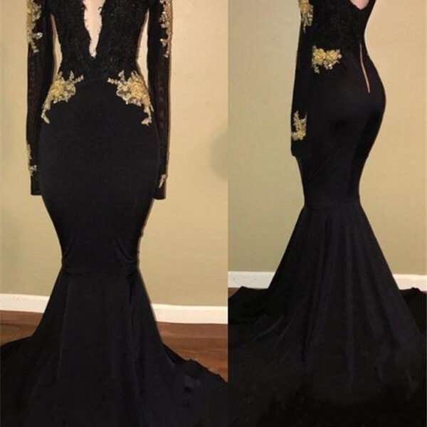 Chic Black and Gold Prom Dresses Deep V-Neck Long Sleevess Evening Gowns