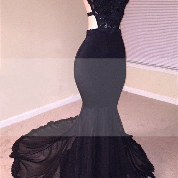 Chic Black Open Back Lace Prom Dresses Sleeveless See Through Tulle Evening Gown
