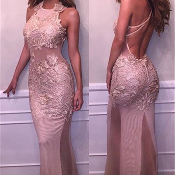 Chic Open Back Evening Dresses On Sale Sleeveless Lace Appliques Prom Dresses
