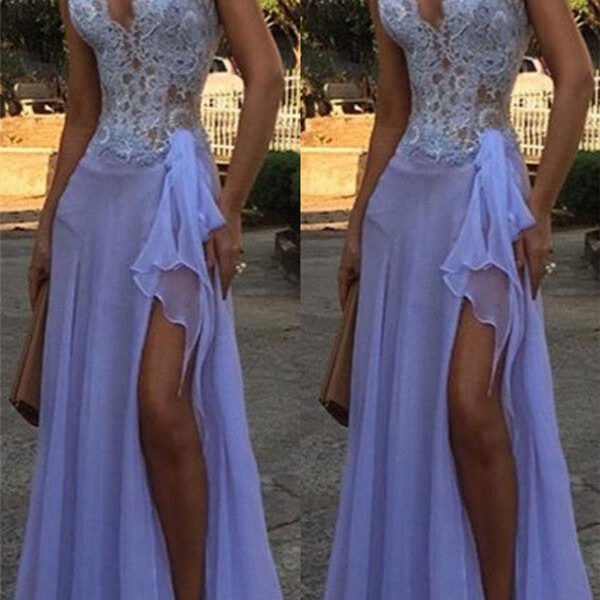 Chic See Through V-Neck Evening Dresses A-Line Sleeveless Lace Ball Dress