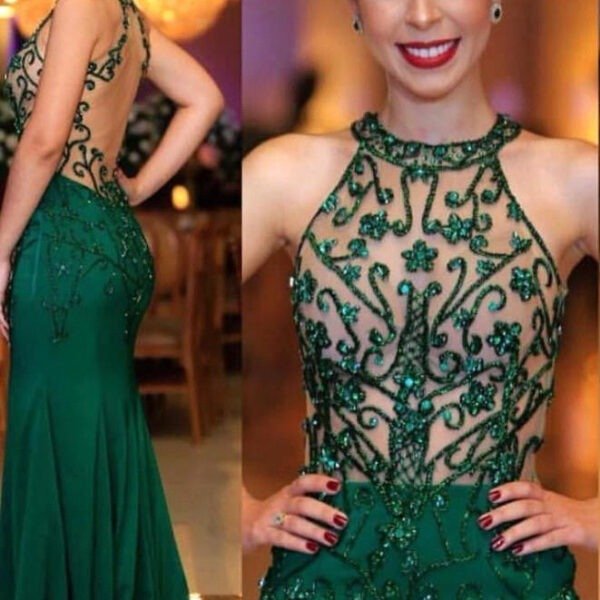 Chic Sleeveless Round Neck Beading Prom Dresses With Open Back Dark Green Evening Gowns