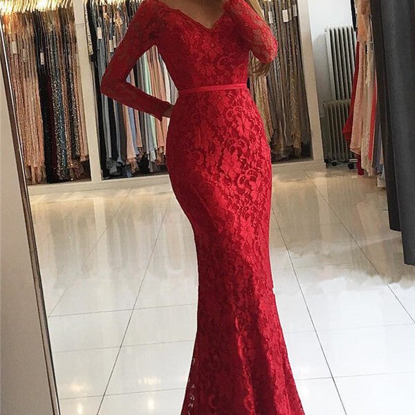 Chic V-neck Open Back Scarlet Lace Evening Dresses Elegant Long Sleeves Fit and Flare Wholesale Prom Dresses