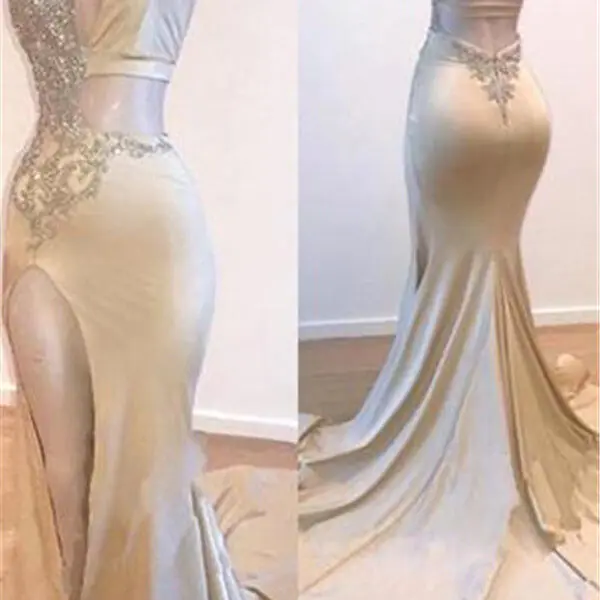 Crystal Halter Side Slit Prom Dresses A-Line Backless Sleeveless Evening Dresses