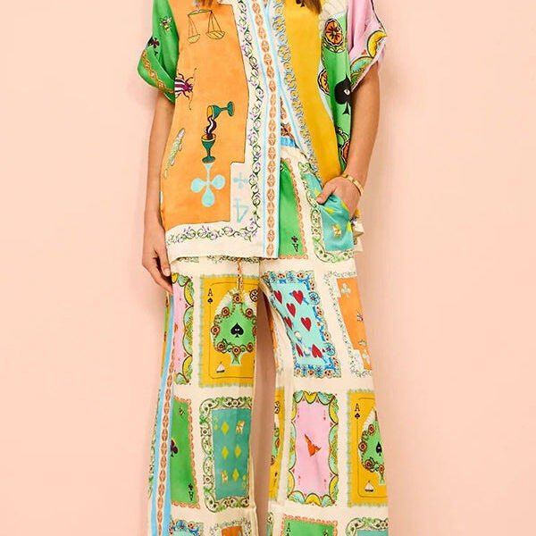 Funny Poker Summer Satin Unique Print Elastic Waist Pocketed Wide Leg Pants