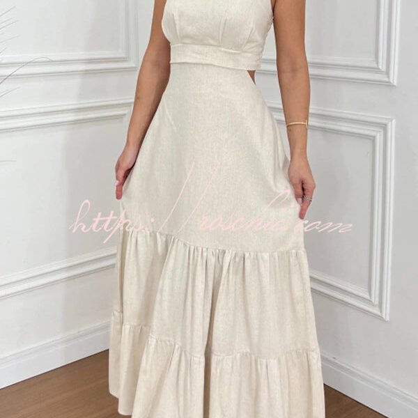 Solid Color Sleeveless Pleated Back Waist-baring Maxi Dress