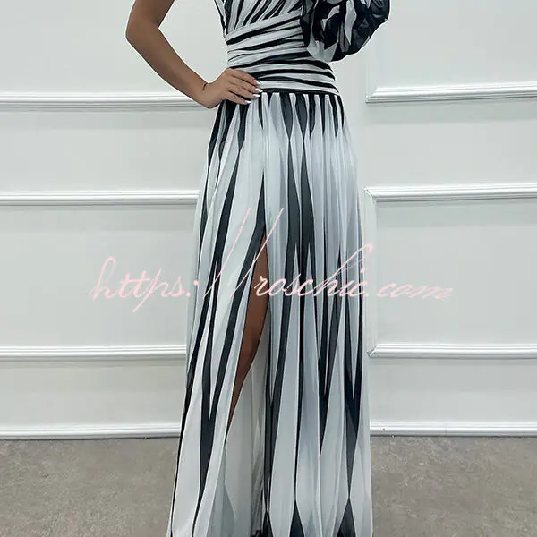 Purely Charming Printed Rose Pendant One Shoulder Pleated Slit Maxi Dress