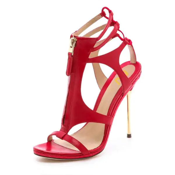 Red Open Toe Front Zip Caged High Heels Sandals for Women