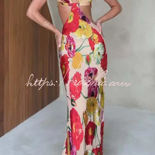 Hawaiian Dreams Satin Floral Print Cutout Backless Maxi Dress