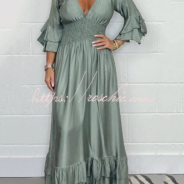 Solid Satin V-Neck Ruffle Sleeve Pleated Waist Maxi Dress