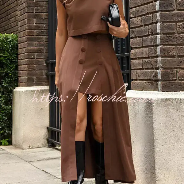 Solid Color Crew Neck Crop Top and High Waist Irregular Maxi Skirt Set