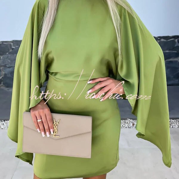 Beautiful Wings Satin Butterfly Sleeves Elastic Waist Formal Mini Dress