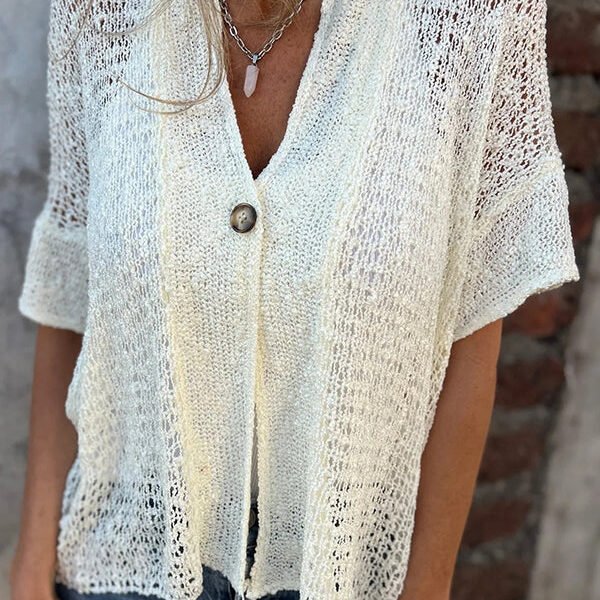 Solid Color Hollow Sleeve V-neck Button Knitted Cardigan