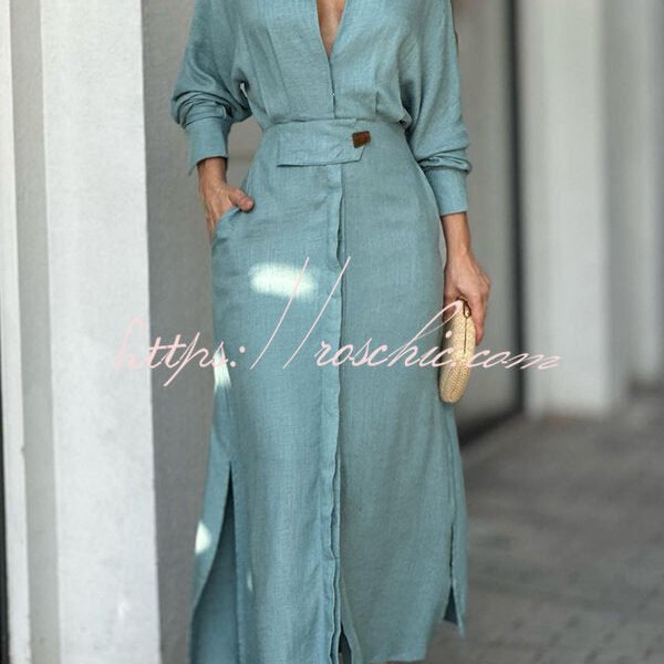Know Your Worth Linen Blend Pocketed Slit Shirt Midi Dress