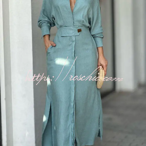 Know Your Worth Linen Blend Pocketed Slit Shirt Midi Dress