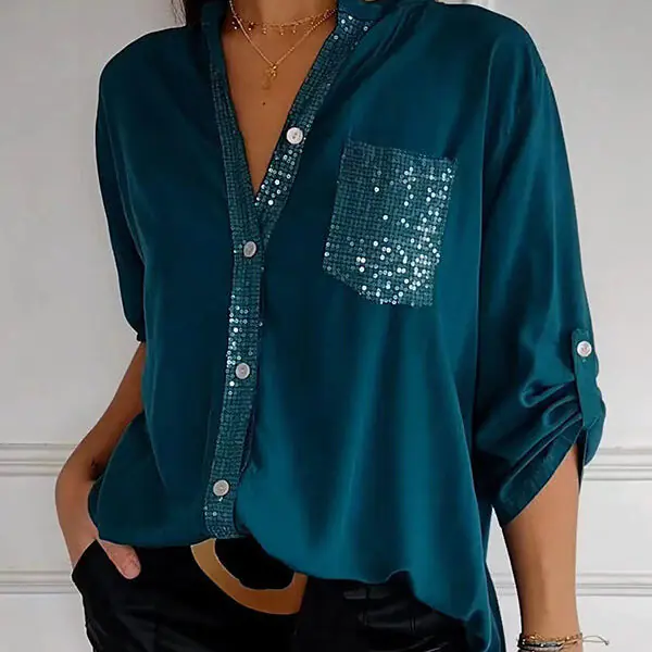 Solid Color Casual Loose Sequin Pocket Shirt Top