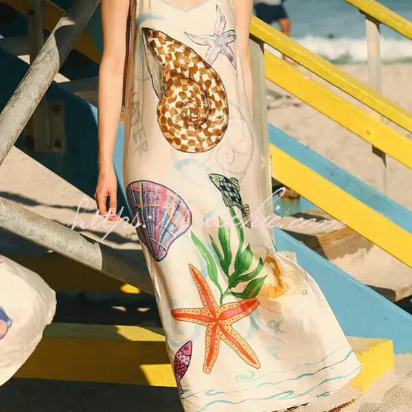 Ocean Vibe Satin Marine Elements Unique Print Slit Loose Slip Midi Dress