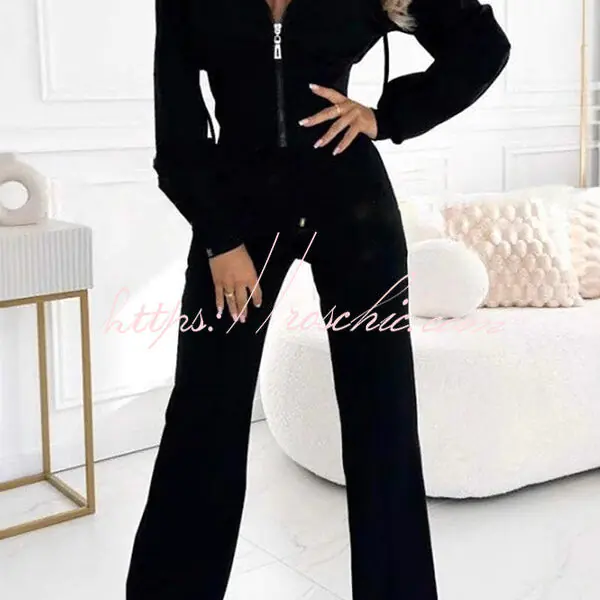 Solid Color Hooded Zip-up Jacket and Elastic Waist Pocket Wide-leg Pants Set