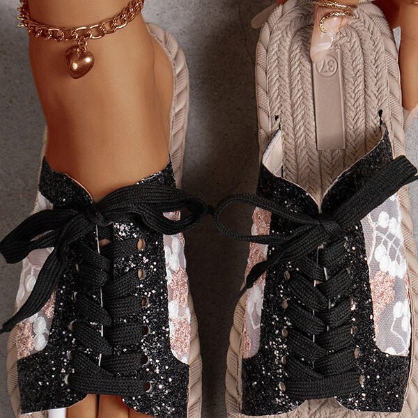 Sequined Mesh Embroidered Casual Strappy Flat Slippers