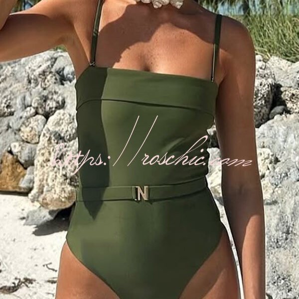 Solid Color Suspender Buckle Waist Elastic Swimsuit