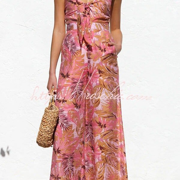 Botanical Print Strappy Resort Style Wide-leg Pants Jumpsuit