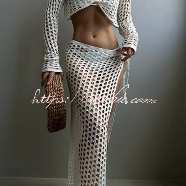 Solid Color Sexy Hollow Long Sleeve Top and Lace-up Slit Knitted Cover-up Maxi Skirt Set