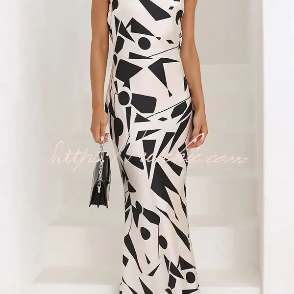 Cassy Satin Geometric Print Off Shoulder Maxi Dress