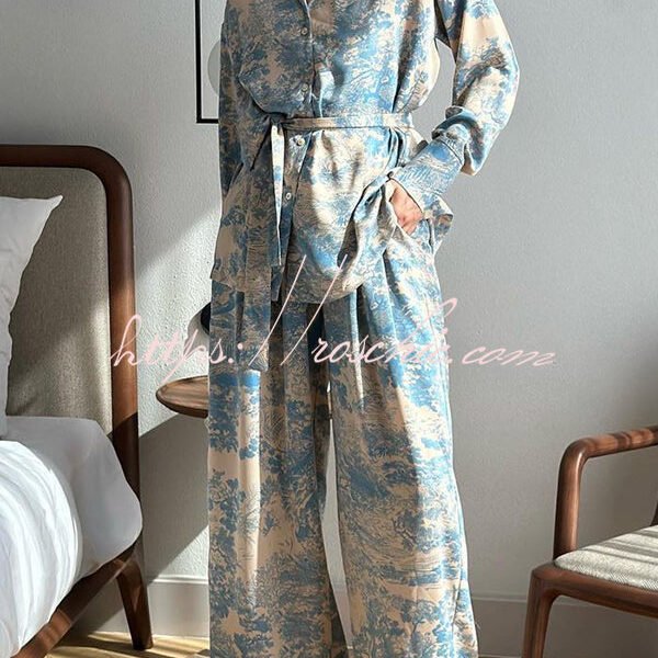 Unique Print Long-sleeved Tie Shirt and Elastic High-waist Wide-leg Pants Set