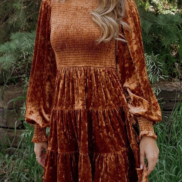 Solid Velvet Long Sleeve Crew Neck Smocked Ruffle Mini Dress